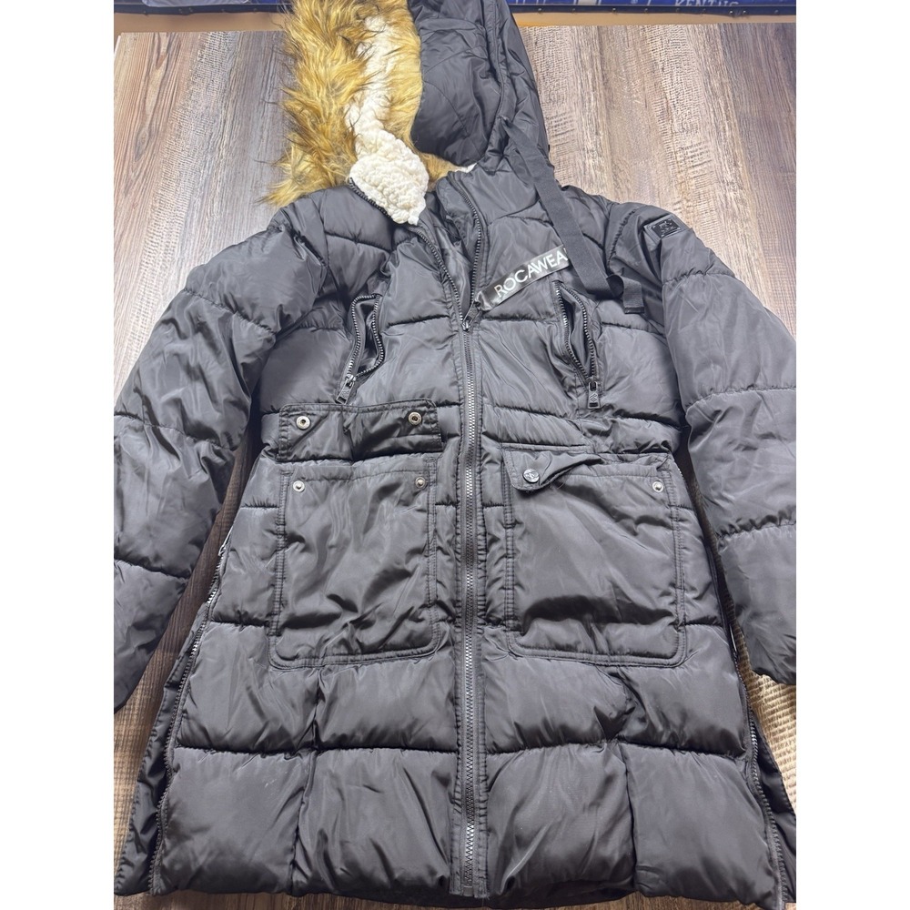 Rocawear Jacket Womens Small Fur Hood Black Quilted Puffer Parka Coat Y2K Logo